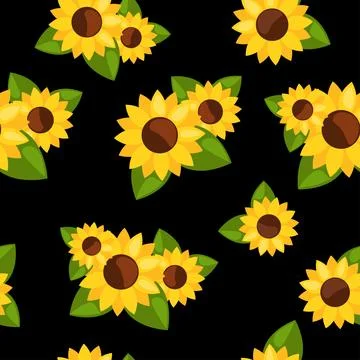 Seamless pattern with sunflowers on black background Stock Illustration