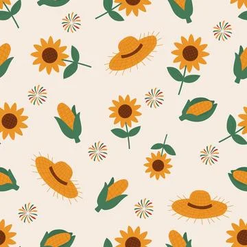 Seamless pattern with sunflowers, corn cobs, straw hats and festive firewor.. Stock Illustration