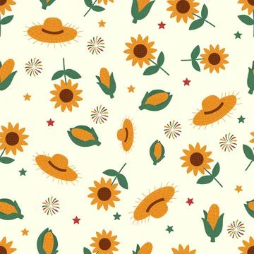 Seamless pattern with sunflowers, corn cobs, straw hats and festive firewor.. Stock Illustration