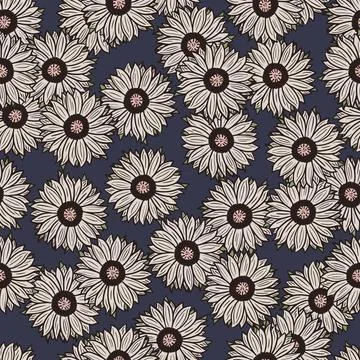 Seamless pattern sunflowers dark background. Beautiful texture with line sunf Illustrazione stock