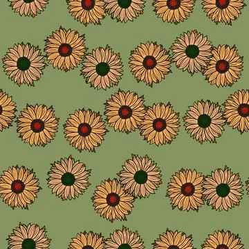 Seamless pattern sunflowers on green background. Beautiful texture with yello Stock Illustration