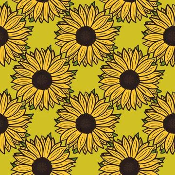 Seamless pattern sunflowers on green background. Beautiful texture with yello Stock Illustration
