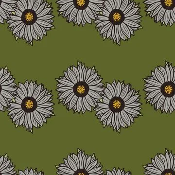 Seamless pattern sunflowers green background. Beautiful texture with line sun Stock Illustration