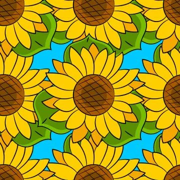 Seamless Pattern Of Sunflowers With Green Leaves Vector Illustrazione stock