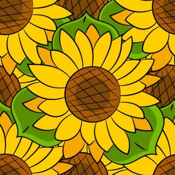 Seamless Pattern Of Sunflowers With Green Leaves Vector Illustrazione stock