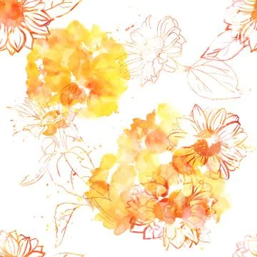 Seamless pattern of sunflowers with watercolor splashes 스톡 일러스트