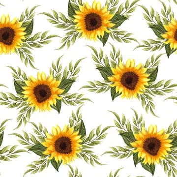 Seamless pattern with sunflowers on white background. Collection decorative f 스톡 일러스트