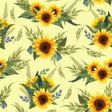 Seamless pattern with sunflowers on yellow background. Collection decorative  Stock Illustration