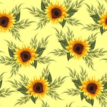Seamless pattern with sunflowers on yellow background. Collection decorative  Stock Illustration