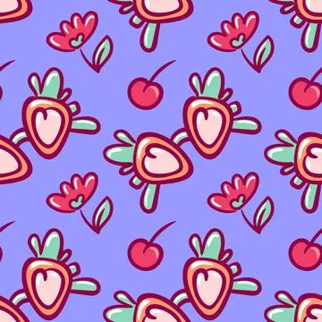 Seamless Pattern Sunglasses Strawberry, Cherry and Flowers Illustrazione stock