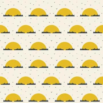 Seamless pattern of sunrise and flying birds illustration Stock Illustration