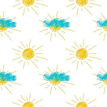 Seamless Pattern with Suns and Clouds in Hand-Drawn Style Stock Illustration