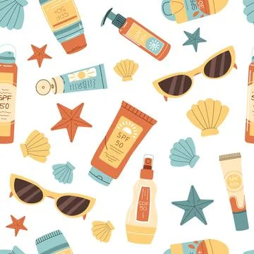 Seamless pattern with sunscreen and seashells. SPF protection for skin from.. Stock Illustration