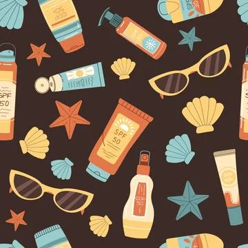 Seamless pattern with sunscreen and seashells. SPF protection for skin from.. Illustrazione stock