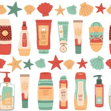 Seamless pattern with sunscreen and seashells. SPF protection for skin from.. イラスト素材