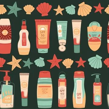 Seamless pattern with sunscreen and seashells. SPF protection for skin from.. Stock Illustration