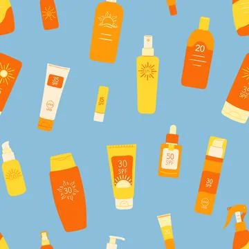 Seamless pattern of sunscreen bottles, tubes, spray. SPF cream, lotion orname Stock Illustration