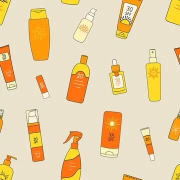 Seamless pattern of sunscreen bottles, tubes, spray. SPF cream, lotion orname Stock Illustration