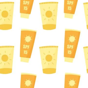 Seamless pattern with sunscreen lotions and creams. Wallpaper design for sunbath Stock Illustration