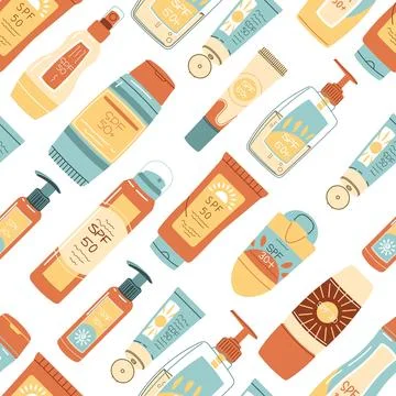 Seamless pattern with sunscreen. SPF protection for skin from the sun. Grea.. Stock Illustration