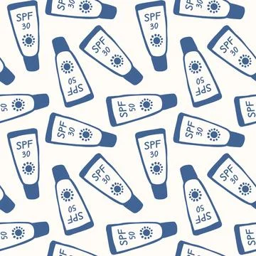 Seamless pattern with sunscreen tube in flat style. Summer travel concept Stock Illustration