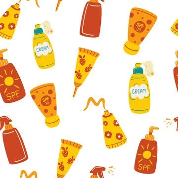 Seamless pattern with sunscreens. Sunscreen Moisturizer, Lotion, lipstick, su Stock Illustration