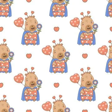 Seamless Pattern Superhero Capybara with balloon heart and flower on white .. Stock Illustration