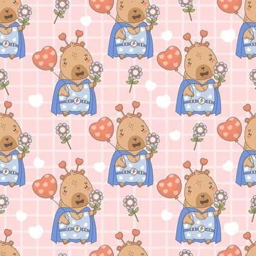 Seamless Pattern Superhero Capybara with balloon heart and flower on checkered Stock Illustration