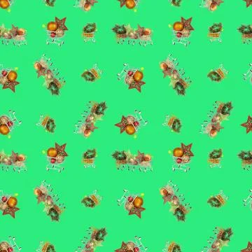 A seamless pattern, supermarket baskets with decorations and holiday toys, ar Stock Photos