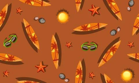 Seamless pattern with surf boards on brown background. Stock Illustration