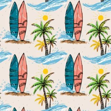 Seamless Pattern with Surfboards and Palm Trees on a Beach. Stock Illustration