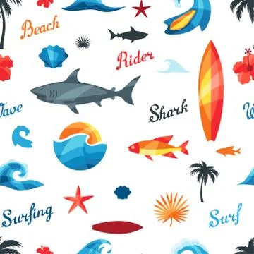 Seamless pattern with surfing design elements and objects Stockillustratie