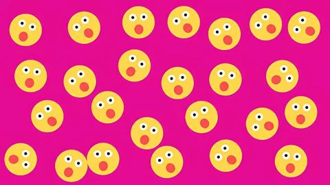 Seamless pattern of surprised yellow faces on bright pink background for cr.. Stock Illustration