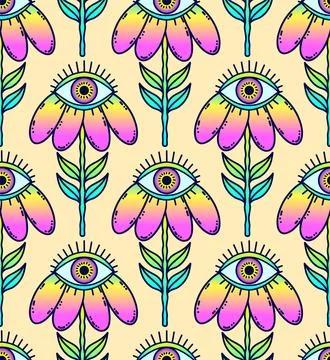 Seamless pattern with surreal gradient flower with an eye, psychedelic concep Stock Illustration