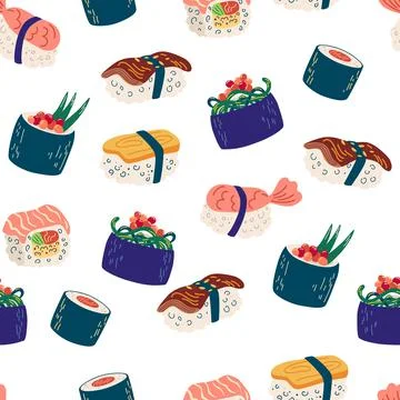 Seamless pattern with sushi and rolls. seafood illustration, philadelphia, ma Stock Illustration
