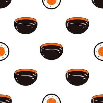 Seamless pattern with sushi and soy sauce. Hand drawn vector background with Stock Illustration