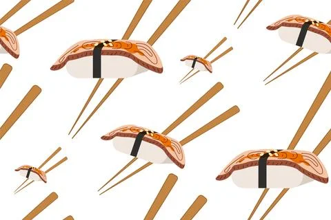 Seamless pattern Sushi eel, chopstick. Chinese eat. Asian food. Vector illust Stock Illustration