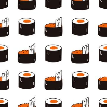 Seamless pattern with sushi. Hand drawn vector background with traditional Stock Illustration