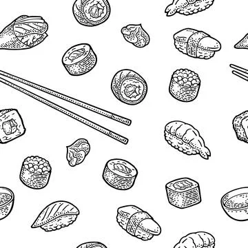 Seamless pattern sushi. Isolated on white. Vintage black vector engraving Illustrazione stock