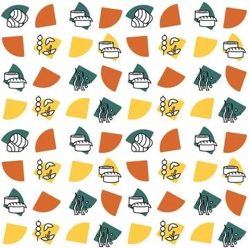 Seamless pattern with sushi, rolls, sweets, fish, seaweed. Asian food. Vector Stock Illustration