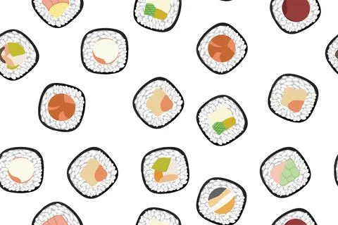Seamless pattern of sushi rolls. Vector design of Asian cuisine isolated on a Stock Illustration