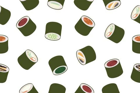 Seamless pattern of sushi rolls. Vector design of Asian cuisine isolated on a Stock Illustration