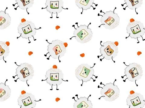 Seamless pattern of sushi rolls. Vector design of Asian cuisine isolated on a Stock Illustration