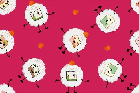 Seamless pattern of sushi rolls. Vector design of Asian cuisine isolated on a Stock Illustration
