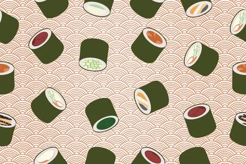 Seamless pattern of sushi rolls. Vector design of Asian cuisine Stock Illustration