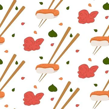 Seamless pattern Sushi salmon, ginger, chopstick. Chinese eat. Asian food. Ve Stock Illustration