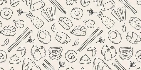 Seamless pattern with sushi, sashimi, tempura and maki Stock Illustration