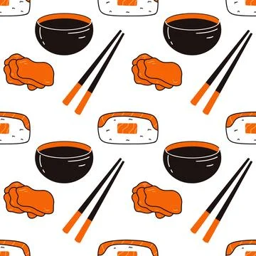 Seamless pattern with sushi, soy sauce, ginger and chopsticks. Hand drawn vector Stock Illustration