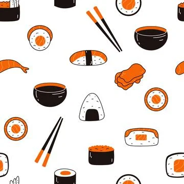 Seamless pattern with sushi, soy sauce, ginger and chopsticks. Hand drawn vector Stock Illustration