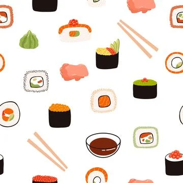 Seamless pattern with sushi, soy sauce, ginger, wasabi, chopsticks in doodle Stock Illustration